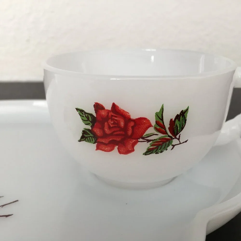 2 Vintage White Milk Glass Scalloped Plates & Tea Cup Snack Set Floral Red Roses